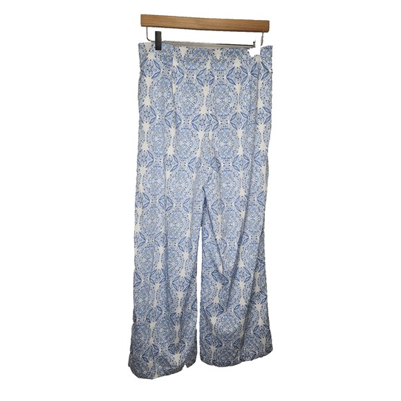 Shein Women's Wide Leg Pants L Blue White Boho Tile Print High Waist - Picture 1 of 8